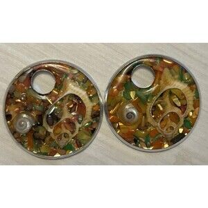 Vintage Lucite Embedded Sea Shells Large Statement Pendants 1.5” Set Of 2